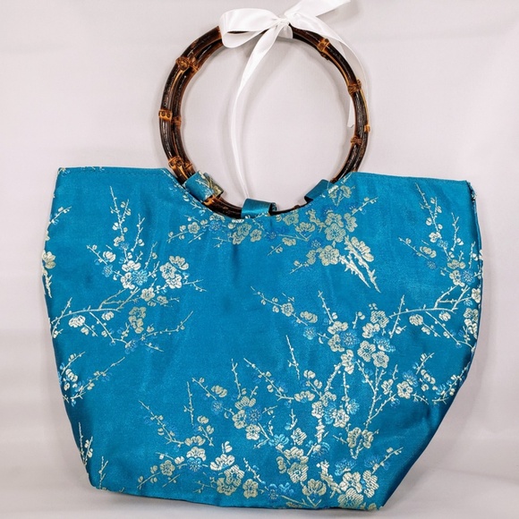 Vintage Satin Bamboo Handle Boat Tote - Picture 1 of 4
